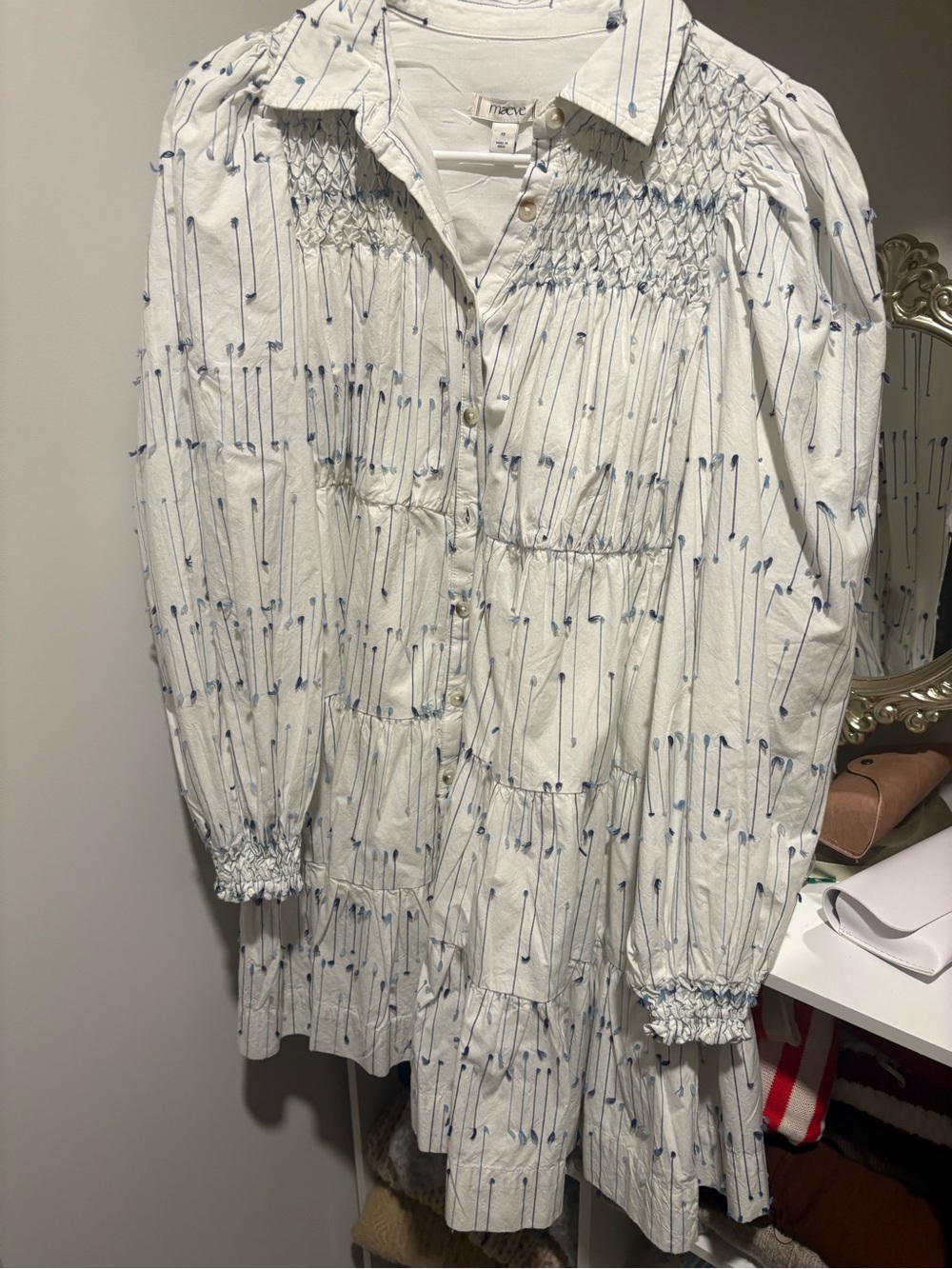 Anthropologie White Dress with Blue Stitching